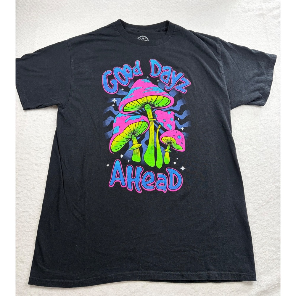 DXM Good Dayz Ahead Mushroom Graphic T-Shirt Mens Large Black Neon‎ Psychedelic